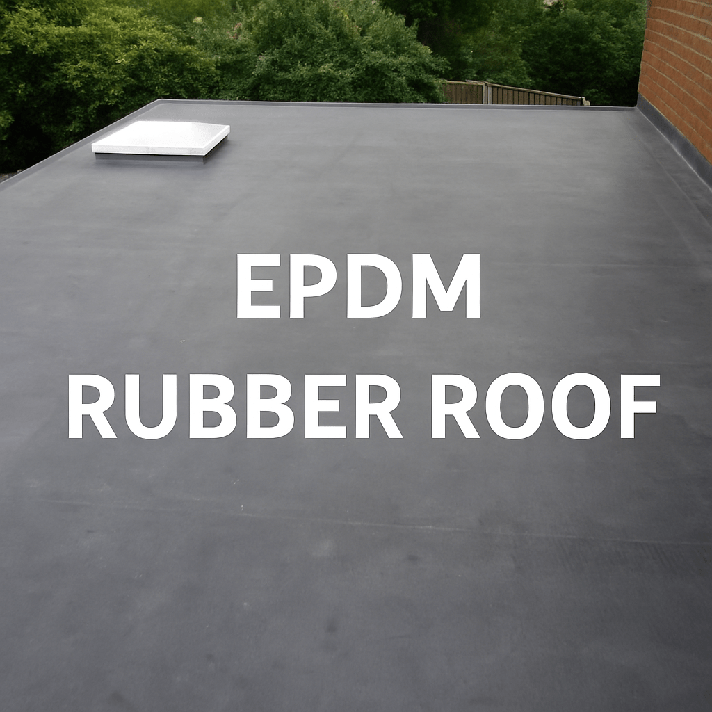 An epdm rubber roof coming off a house with a sky light