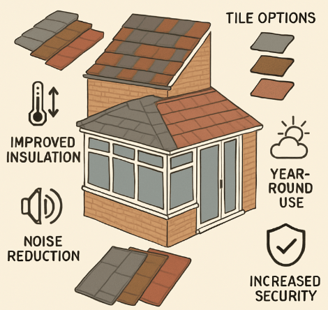 graphic of changing conservatory roof to tiles and the benefits of doing it.